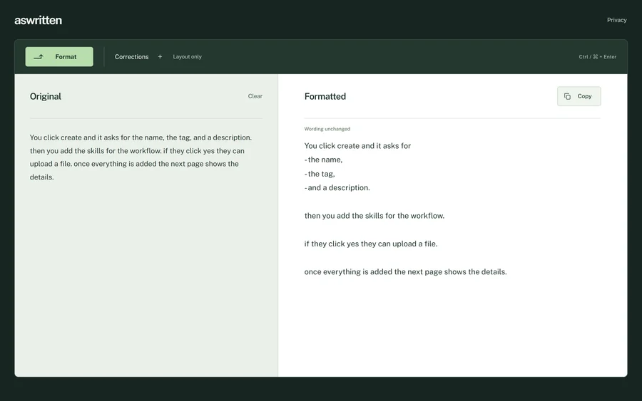 As Written, with the original note on the left and the same words laid out in readable sections on the right.