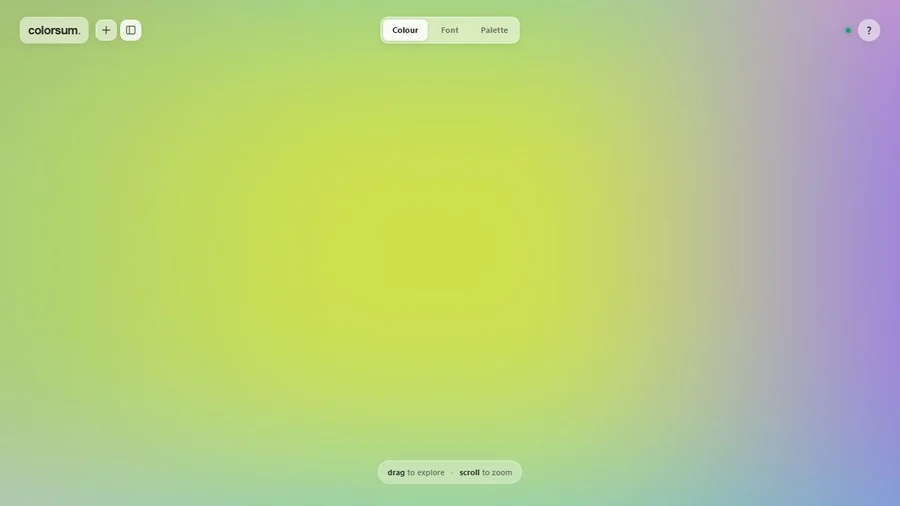 Colorsum’s live colour canvas, with Colour, Font and Palette controls.